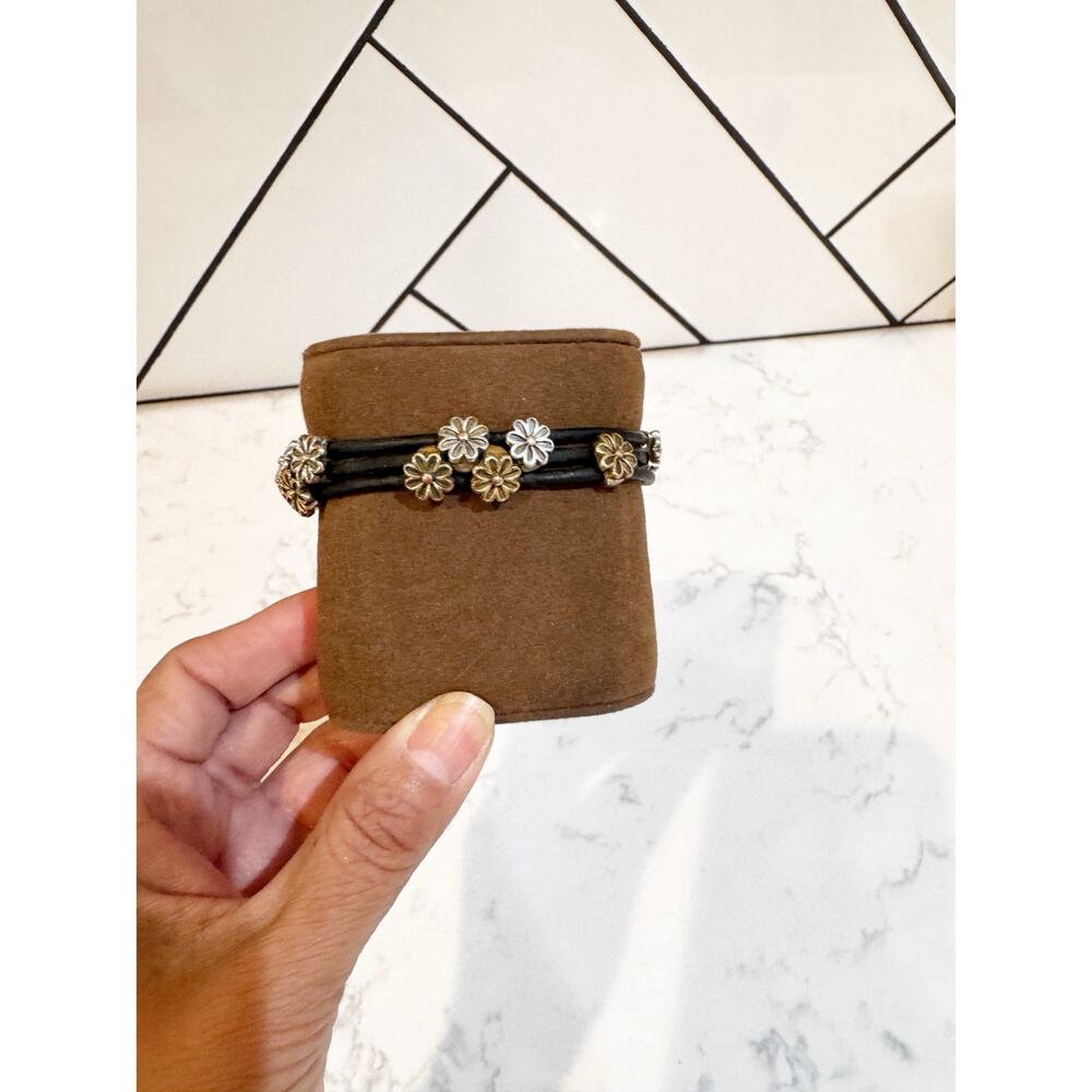Lucky Brand multi-strand leather bracelet with mixed-metal floral charms Y2K